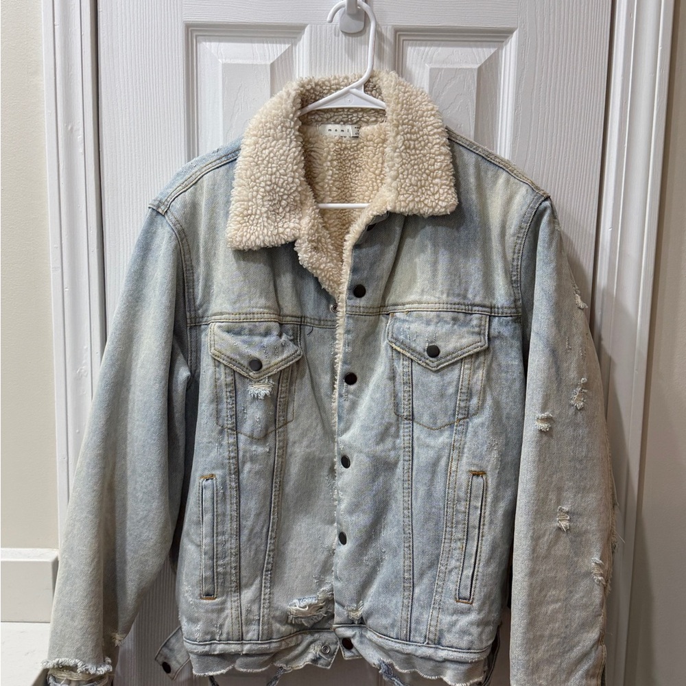 MNML Distressed Denim Jacket with Cream Sherpa Collar